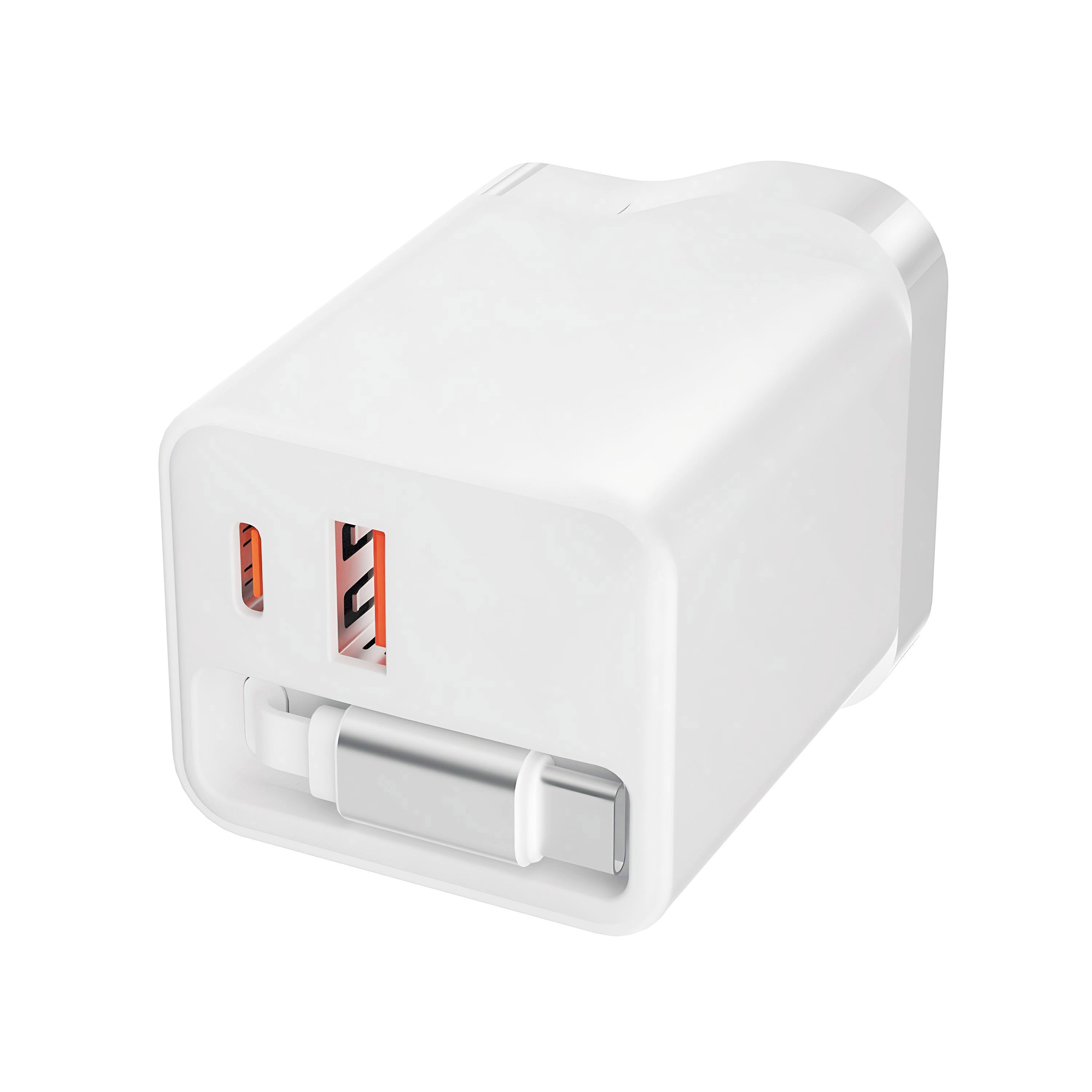 65W GaN Fast Charger | Retractable USB-C Cable | Dual Port UK Plug | White