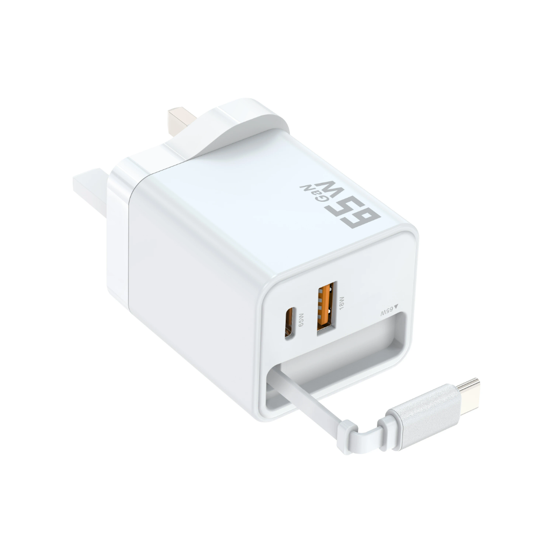65W GaN Fast Charger | Retractable USB-C Cable | Dual Port UK Plug | White