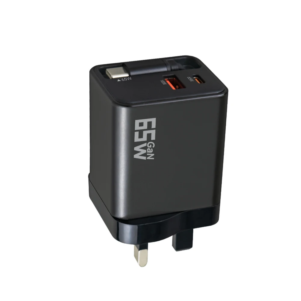 65W GaN Fast Charger | Retractable USB-C Cable | Dual Port UK Plug | Black