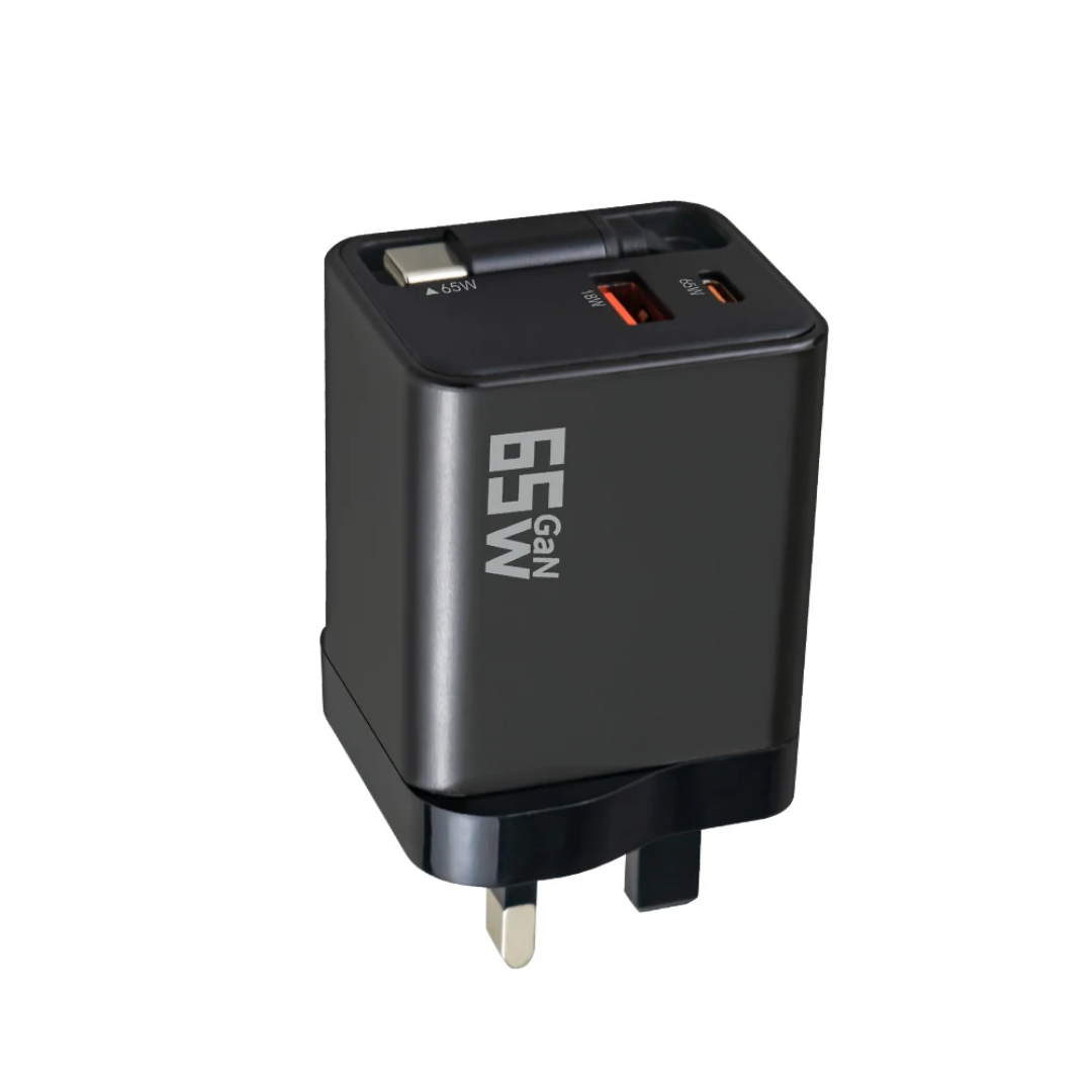 65W GaN Fast Charger | Retractable USB-C Cable | Dual Port UK Plug | Black