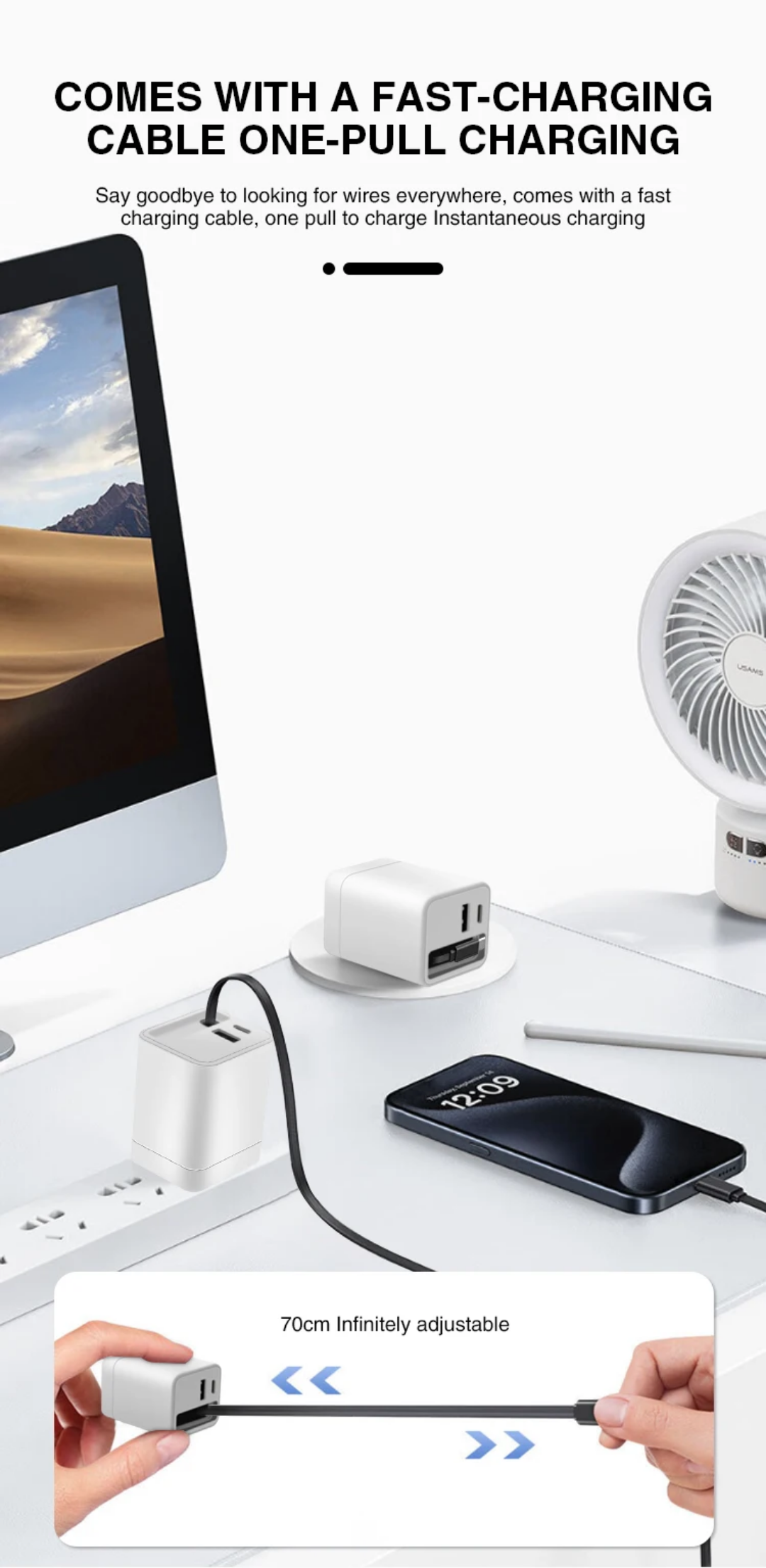 65W GaN Fast Charger | Retractable USB-C Cable | Dual Port UK Plug | White