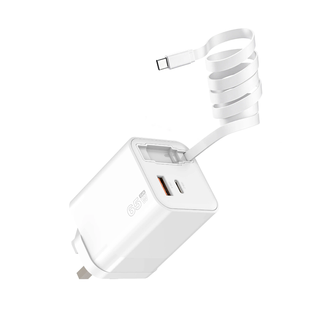 65W GaN Fast Charger | Retractable USB-C Cable | Dual Port UK Plug | White