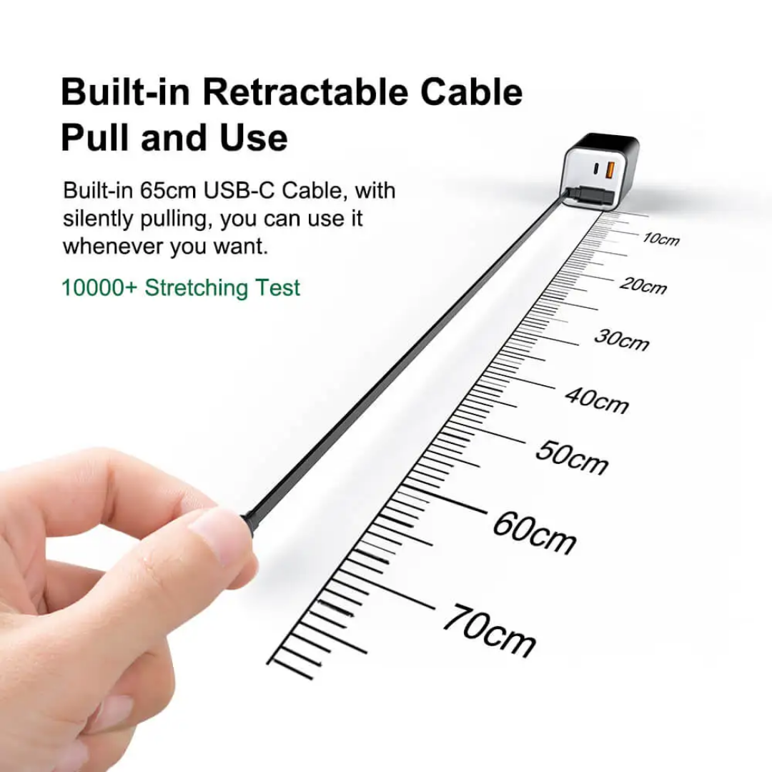 65W GaN Fast Charger | Retractable USB-C Cable | Dual Port UK Plug | White