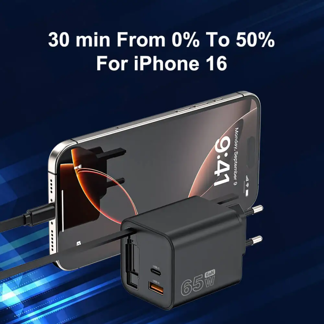 65W GaN Fast Charger | Retractable USB-C Cable | Dual Port UK Plug | Black