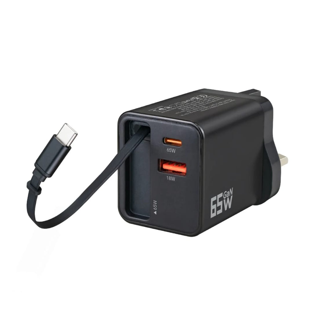 65W GaN PD Fast Charger with Retractable Type-C Cable (70cm) | Dual Port USB-C + USB-A Wall Adapter (UK Plug)