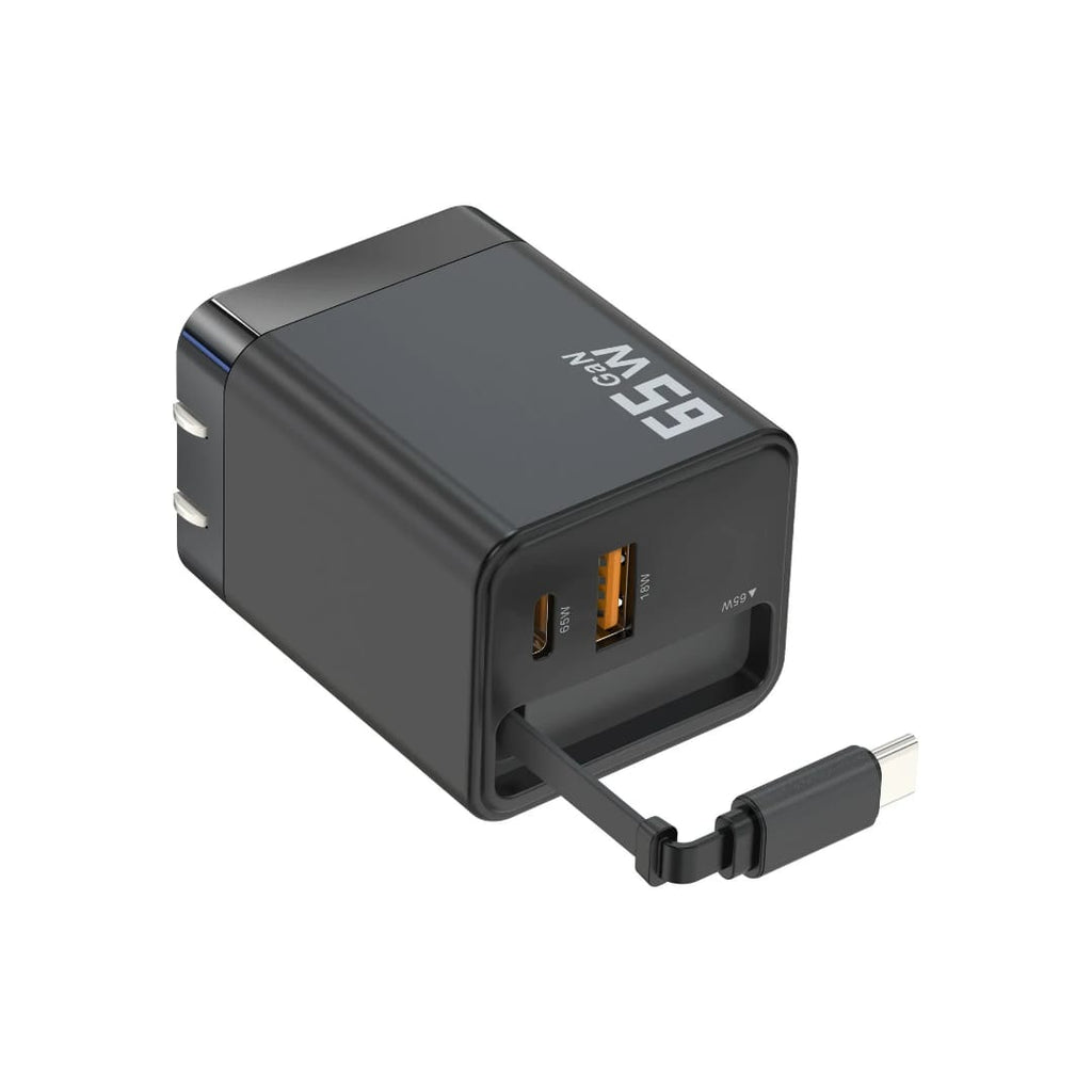 65W GaN PD Fast Charger with Retractable Type-C Cable (70cm) | Dual Port USB-C + USB-A Wall Adapter (UK Plug)