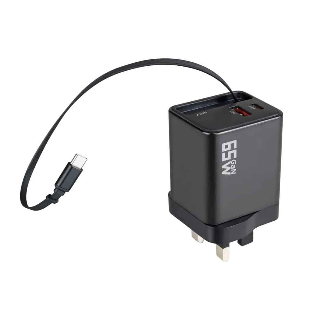 65W GaN PD Fast Charger with Retractable Type-C Cable (70cm) | Dual Port USB-C + USB-A Wall Adapter (UK Plug)