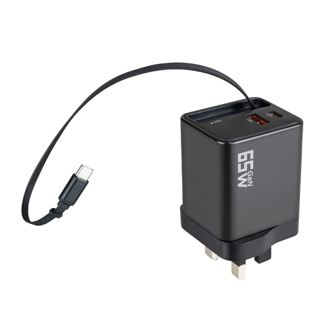 65W GaN PD Fast Charger with Retractable Type-C Cable (70cm) | Dual Port USB-C + USB-A Wall Adapter (UK Plug)