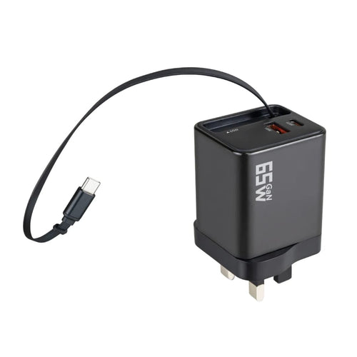 65W GaN Fast Charger | Retractable USB-C Cable | Dual Port UK Plug | Black