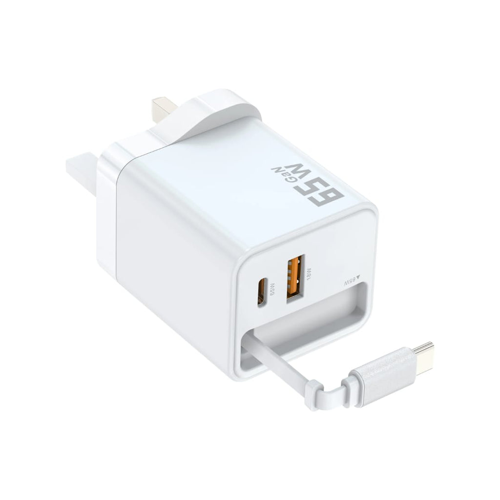 65W GaN PD Fast Charger with Retractable Type-C Cable (70cm) | Dual Port USB-C + USB-A Wall Adapter (UK Plug)