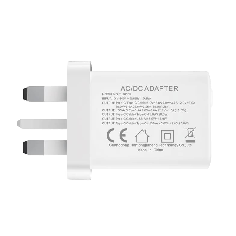 65W GaN PD Fast Charger with Retractable Type-C Cable (70cm) | Dual Port USB-C + USB-A Wall Adapter (UK Plug)