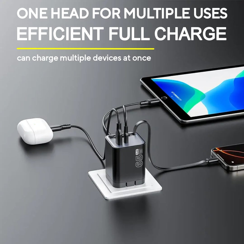 65W GaN PD Fast Charger with Retractable Type-C Cable (70cm) | Dual Port USB-C + USB-A Wall Adapter (UK Plug)
