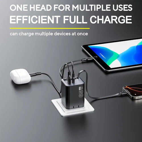 65W GaN PD Fast Charger with Retractable Type-C Cable (70cm) | Dual Port USB-C + USB-A Wall Adapter (UK Plug)