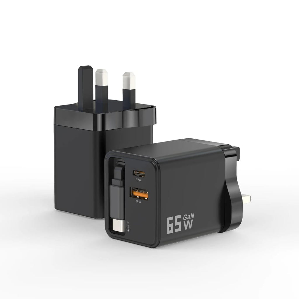 65W GaN PD Fast Charger with Retractable Type-C Cable (70cm) | Dual Port USB-C + USB-A Wall Adapter (UK Plug)