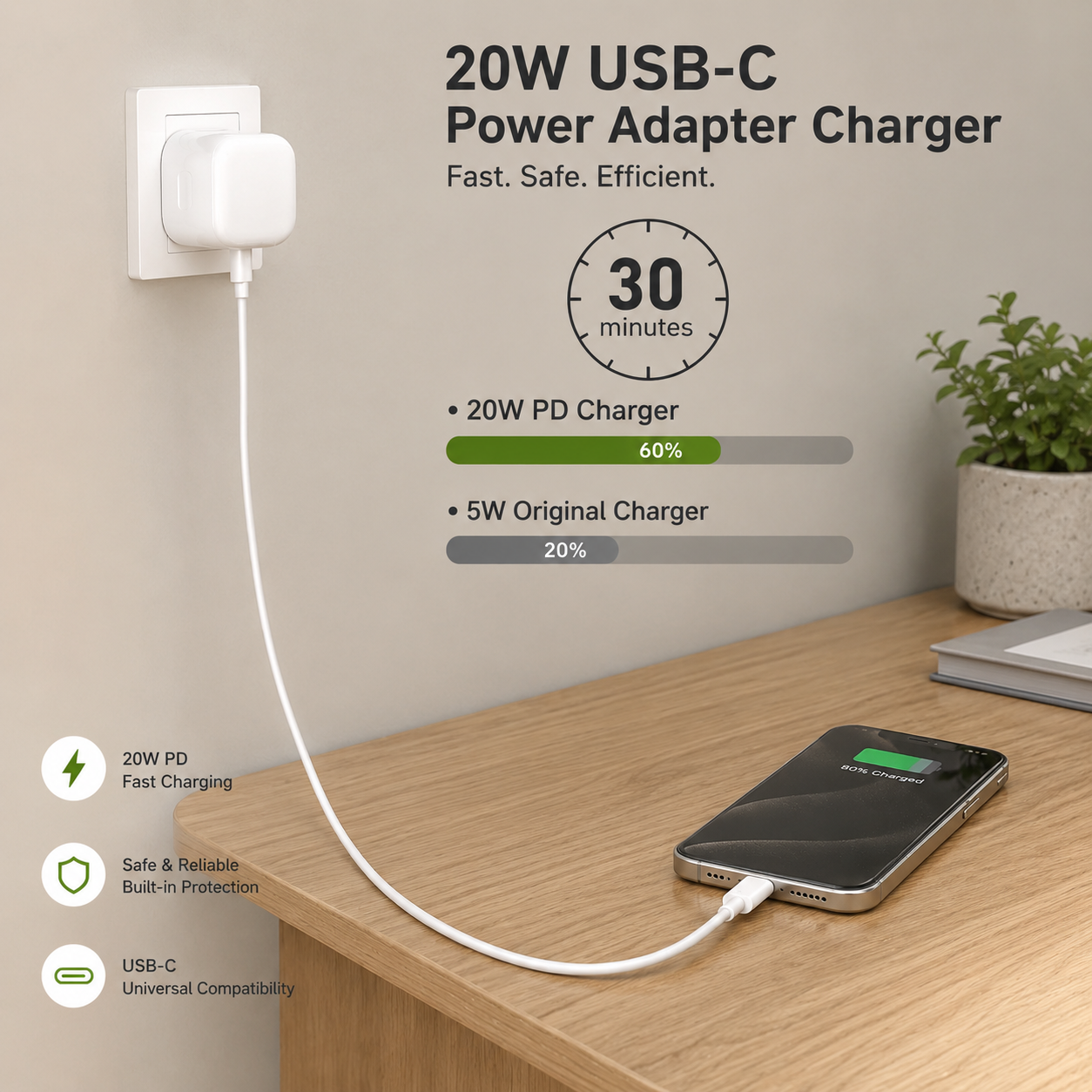 20W USB-C Fast Wall Charger – QC3.0 & PD Quick Charge for Samsung, I Phone