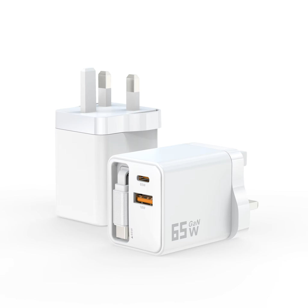 65W GaN Fast Charger | Retractable USB-C Cable | Dual Port UK Plug | White