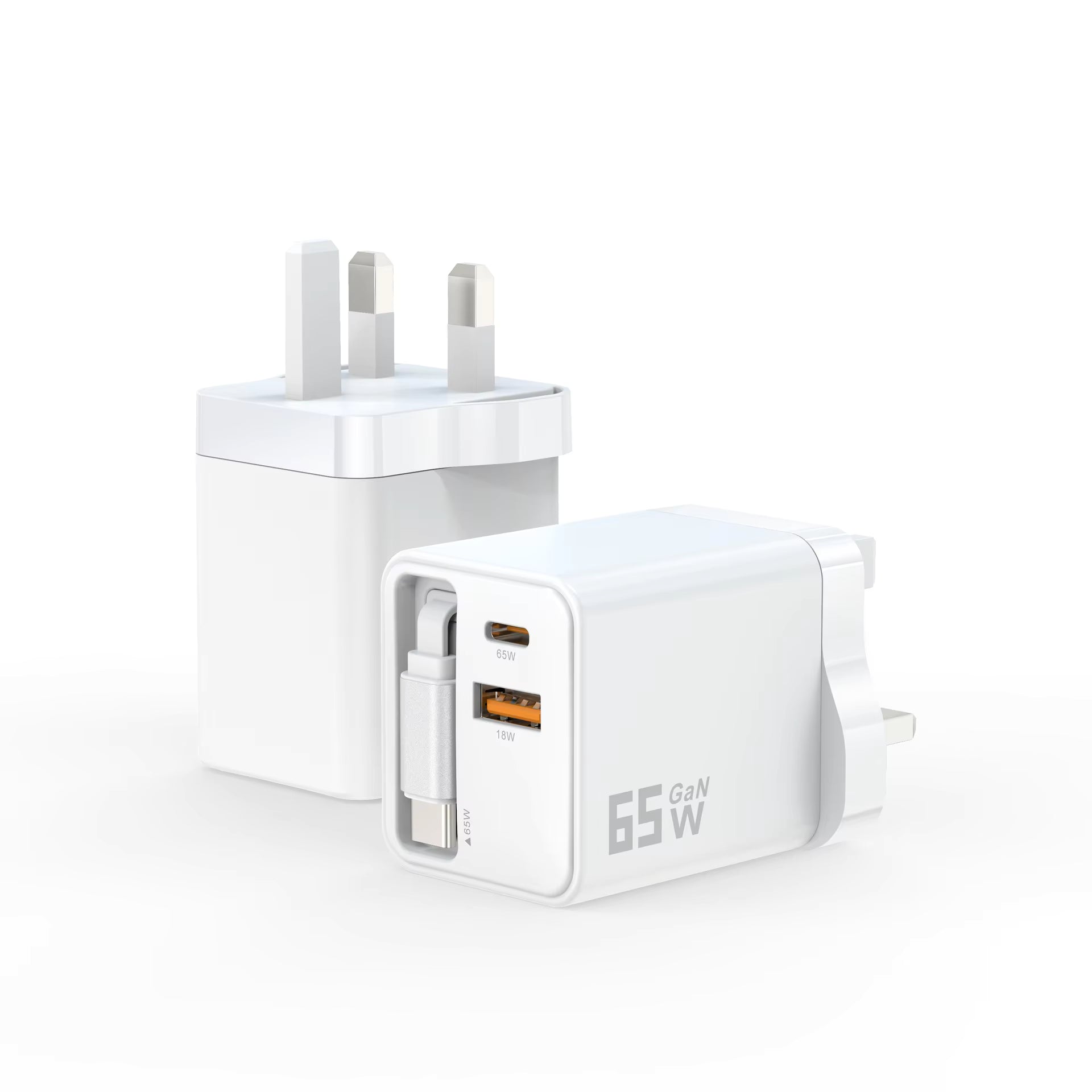 65W GaN Fast Charger | Retractable USB-C Cable | Dual Port UK Plug | White